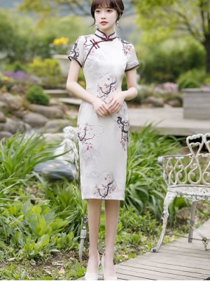 Plum Print Mid Modern Cheongsam / Qipao Dress