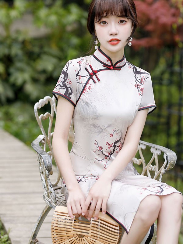 Plum Print Mid Modern Cheongsam / Qipao Dress