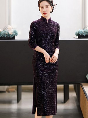 Purple Sequined Mothers Winter Cheongsam / Qipao Dress