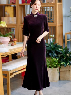 Purple Velvet Fishtail Cheongsam / Qipao Dress