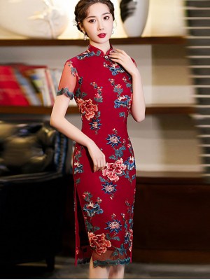 Red Embroidered Lace Mid Cheongsam / Qipao Dress