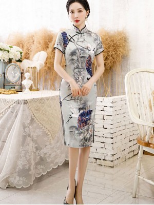 Chinese Painting Print Mid Qipao / Cheongsam Dress