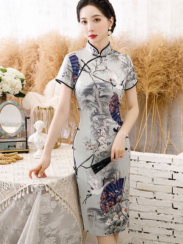 Chinese Painting Print Mid Qipao / Cheongsam Dress