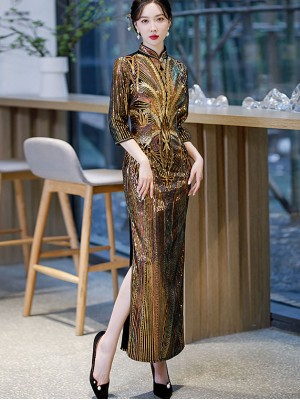 Gold Sequined Velvet Winter Cheongsam / Qipao Dress