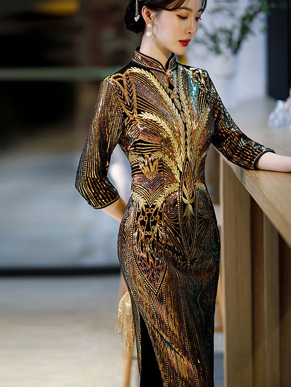 Gold Sequined Velvet Winter Cheongsam / Qipao Dress