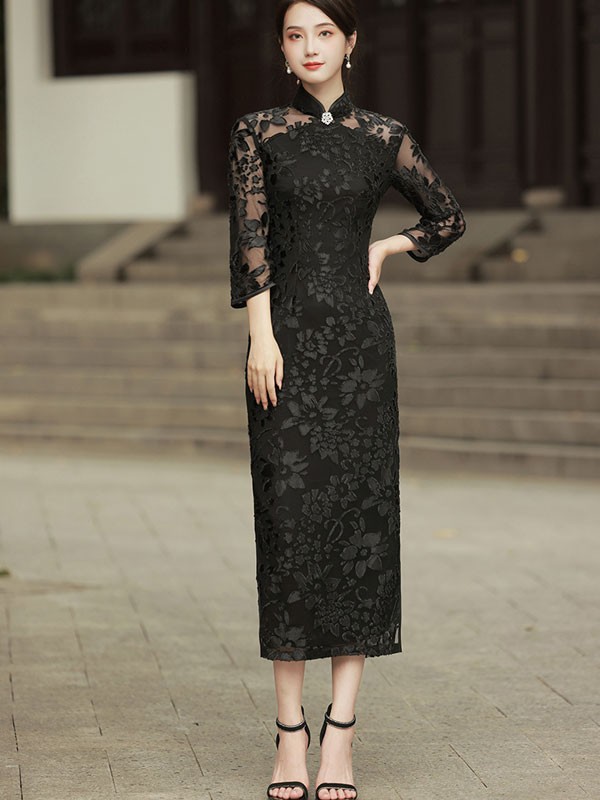 Green Black Floral Velvet Maxi Cheongsam / Qipao Dress