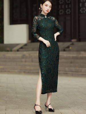 Green Black Floral Velvet Maxi Cheongsam / Qipao Dress