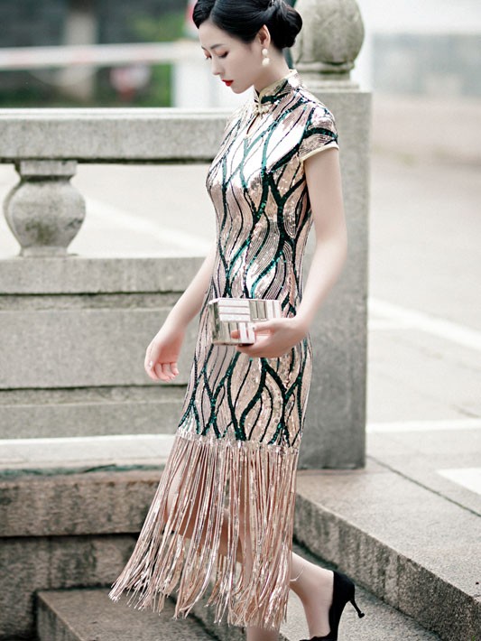 Green Stripe Sequined Qipao / Cheongsam Dress with Tassels Hem