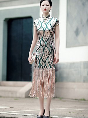 Green Stripe Sequined Qipao / Cheongsam Dress with Tassels Hem