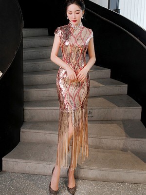 Pink Stripe Sequined Qipao / Cheongsam Dress with Tassels Hem