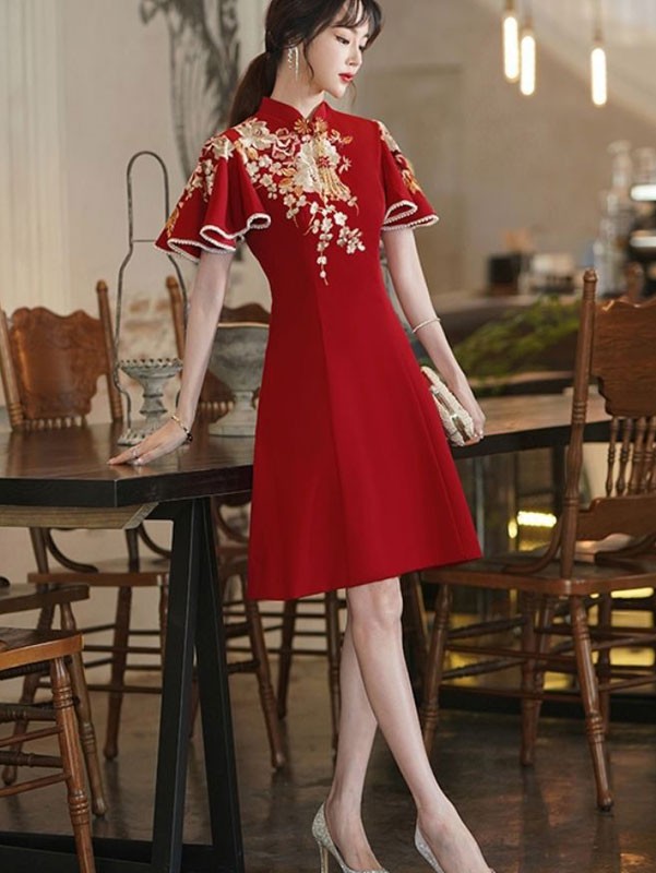 Flutter Sleeve A-line Wedding Qipao / Cheongsam Dress