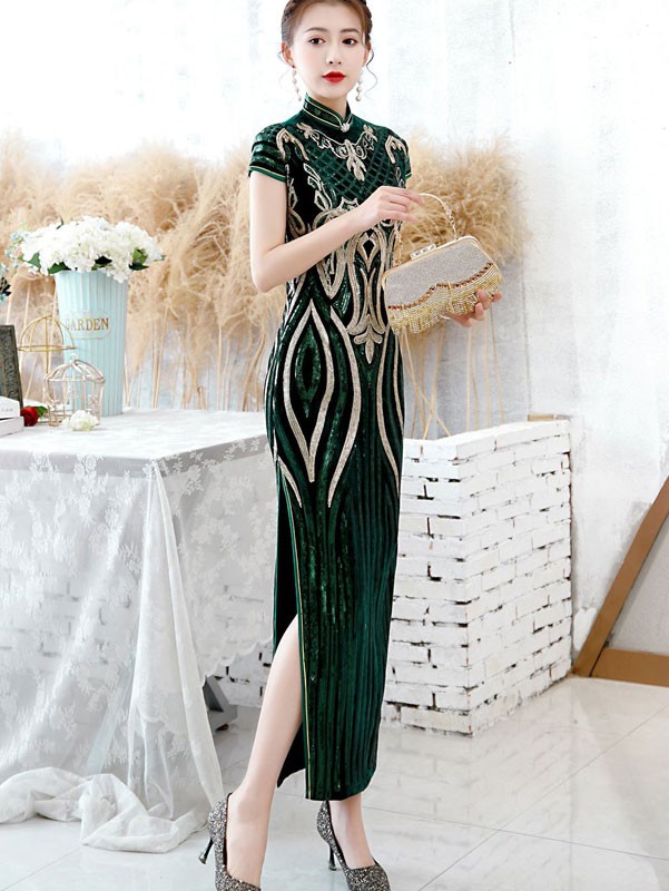 Green Sequined Velvet Full Cheongsam / Qipao Dress