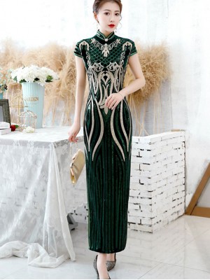 Green Sequined Velvet Full Cheongsam / Qipao Dress