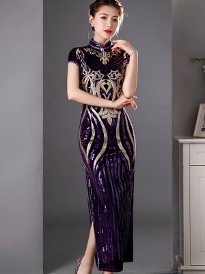 Purple Red Sequined Velvet Full Cheongsam / Qipao Dress
