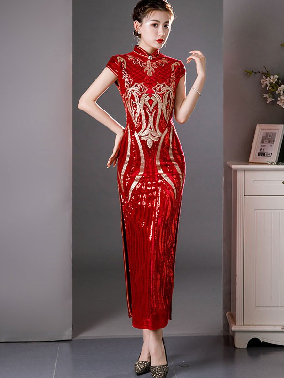 Purple Red Sequined Velvet Full Cheongsam / Qipao Dress