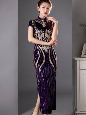 Purple Sequined Velvet Full Cheongsam / Qipao Dress