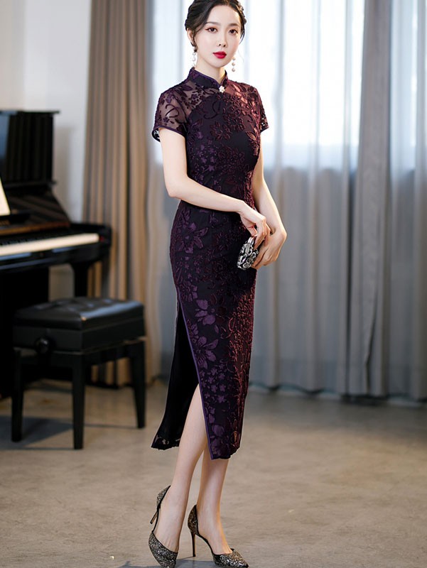 Purple Velvet Illusion Maxi Qipao / Cheongsam Dress