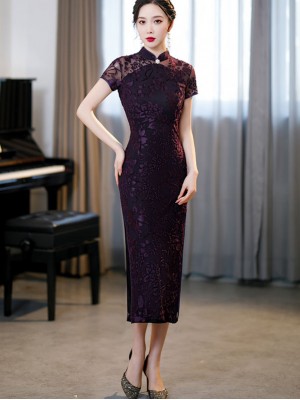 Purple Velvet Illusion Maxi Qipao / Cheongsam Dress