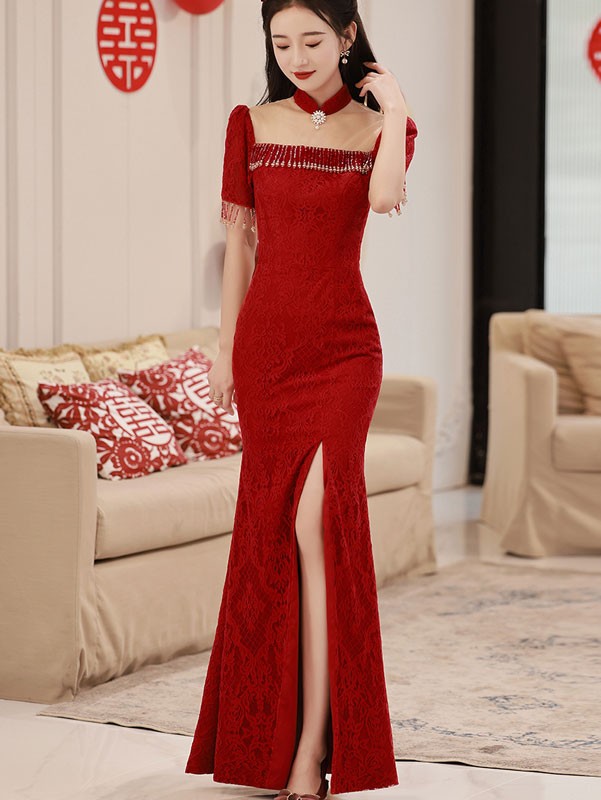 Red Lace Thigh Split Wedding Qipao / Cheongsam Dress