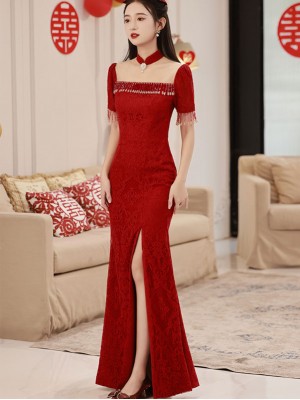 Red Lace Thigh Split Wedding Qipao / Cheongsam Dress