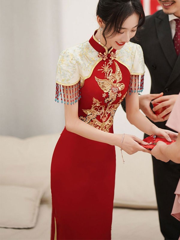 Sequined Appliques Full Wedding Qipao / Cheongsam Dress