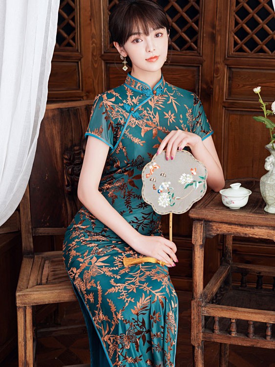 Blue Floral Velvet Maxi Qipao / Cheongsam Dress