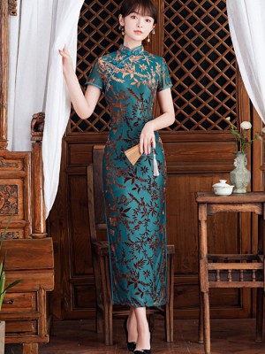 Blue Floral Velvet Maxi Qipao / Cheongsam Dress
