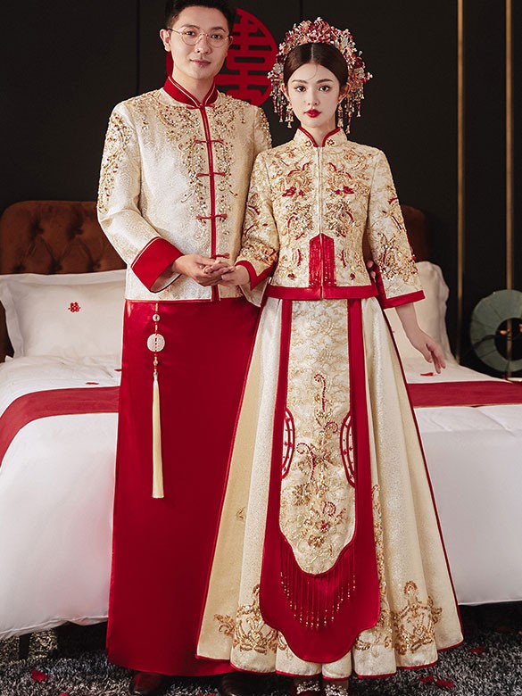Beaded Champagne Groom Dragon Wedding Suit, Jacket & Skirt