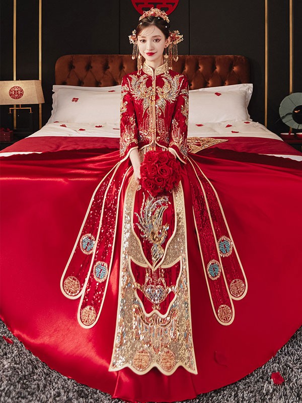 Red Sequined Phoenix Wedding Bride Qun Kwa Xiu He