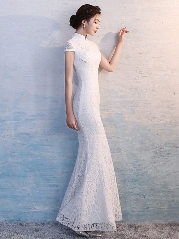 White Lace Long Qipao / Cheongsam Wedding Dress