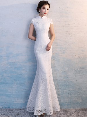 White Lace Long Qipao / Cheongsam Wedding Dress