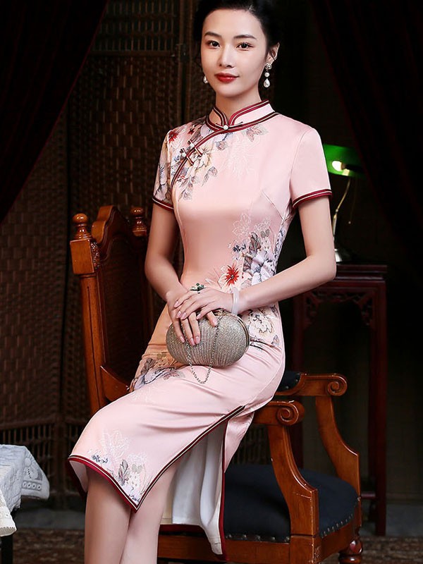 Pink Floral Mid Cheongsam / Qipao Dress