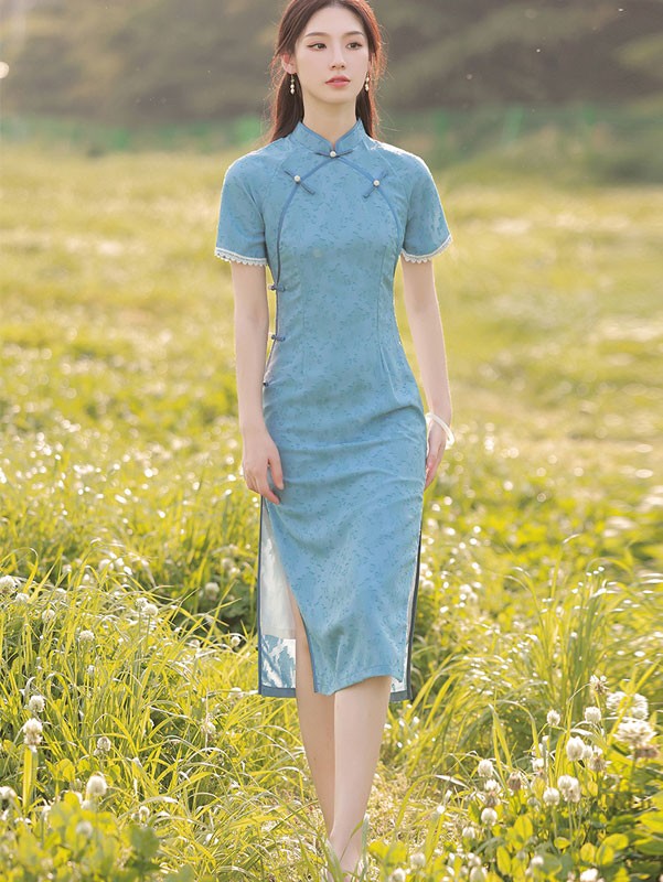 Blue Jacquard Mid Qipao / Cheongsam Dress