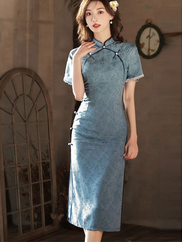 Blue Jacquard Mid Qipao / Cheongsam Dress - CozyLadyWear