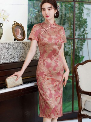 Bronzing Pink Floral Mothers Mid Qipao / Cheongsam Dress