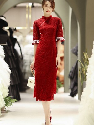 Burgundy Lace Bridal Wedding Qipao / Cheongsam Dress with Half Sleeve