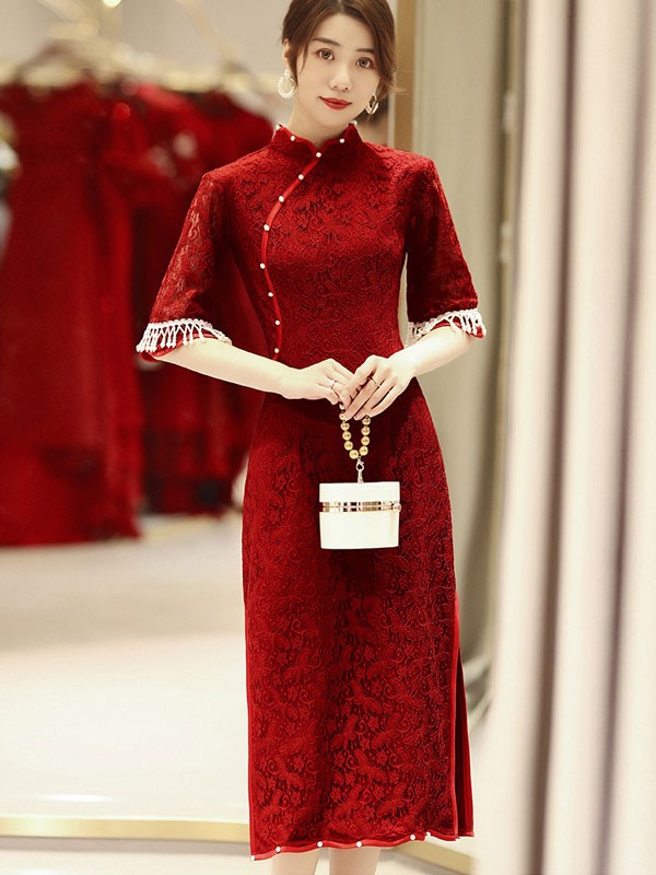 Burgundy Lace Bridal Wedding Qipao / Cheongsam Dress with Half Sleeve