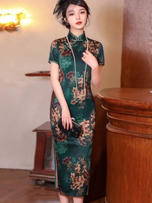 Green Floral Mothers Mid Cheongsam / Qipao Dress