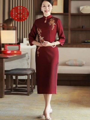 Red Bridal Mothers Mid Tea Winter Qipao / Cheongsam Dress