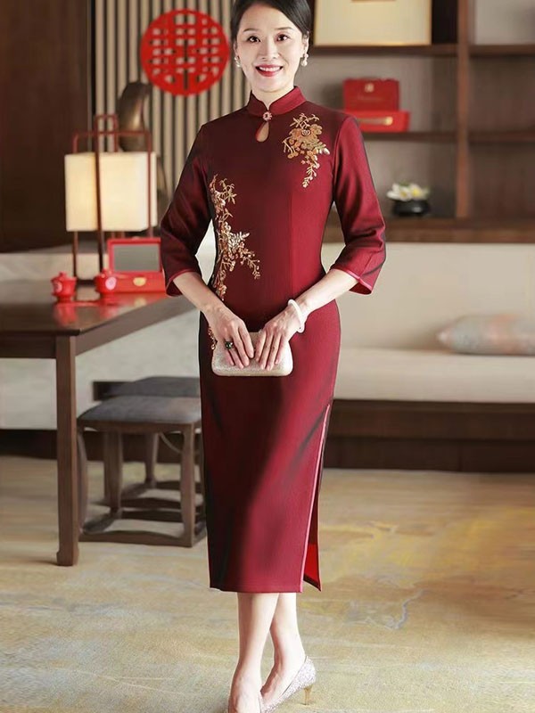 Red Bridal Mothers Mid Tea Winter Qipao / Cheongsam Dress