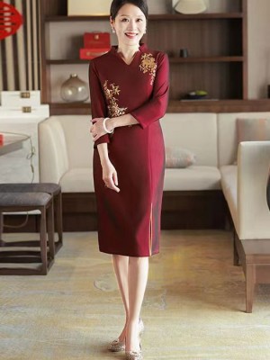 Red Bridal Mothers V-neck Winter Qipao / Cheongsam Dress