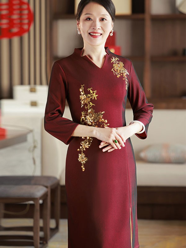 Red Bridal Mothers Sequined Winter Qipao / Cheongsam Dress