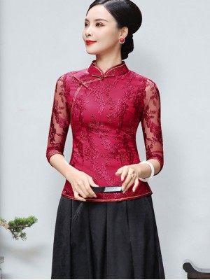 Red Floral Lace Qipao Cheongsam Blouse Top