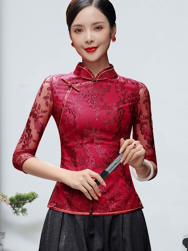 Red Floral Lace Qipao Cheongsam Blouse Top