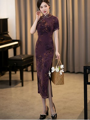 Blue Purple Floral Mothers Full Qipao / Cheongsam Dress