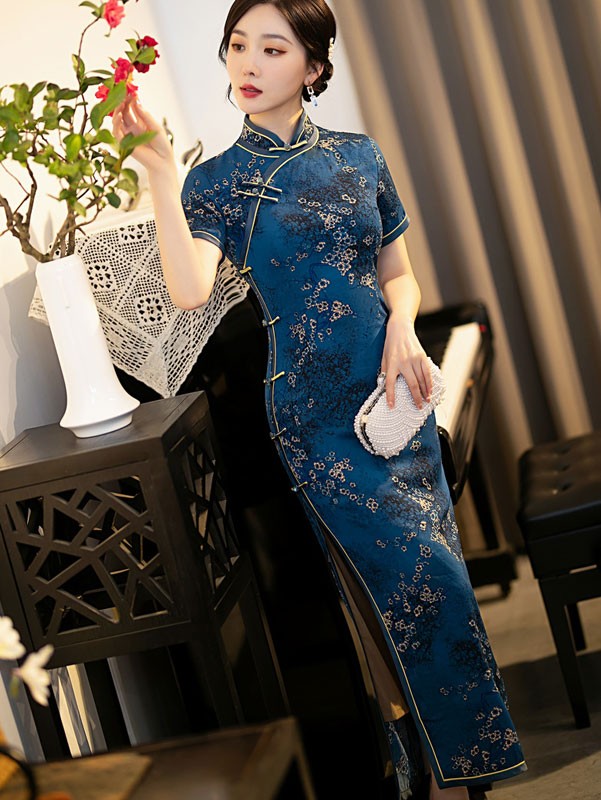 Blue Purple Floral Mothers Full Qipao / Cheongsam Dress