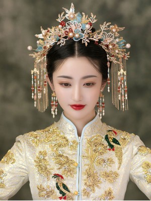 Dangling Tassel Alloy Bridal Pearl Hair Clips Comb & Earrings