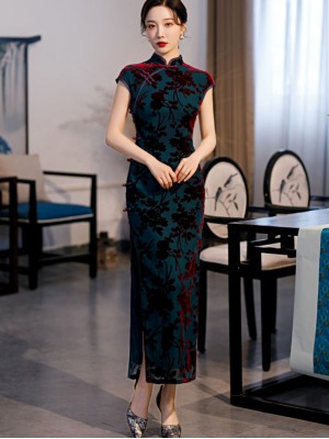 Green Floral Velvet Full Cheongsam / Qipao Dress