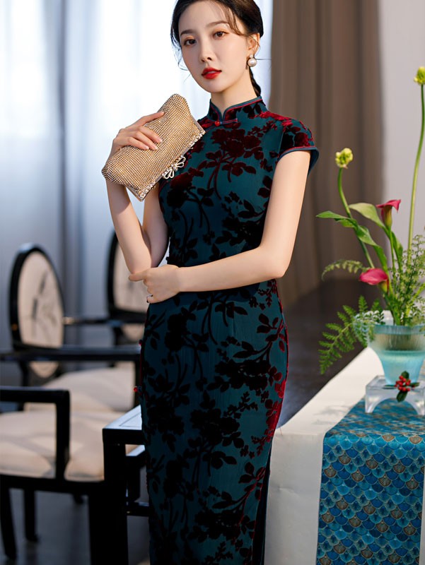 Green Floral Velvet Full Cheongsam / Qipao Dress