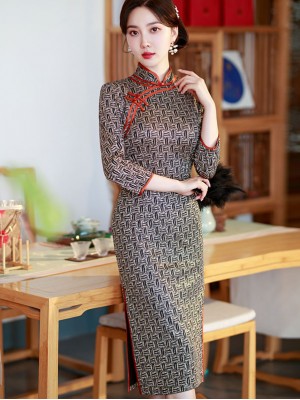 Mothers Winter Mid Stripe Cheongsam / Qipao Dress
